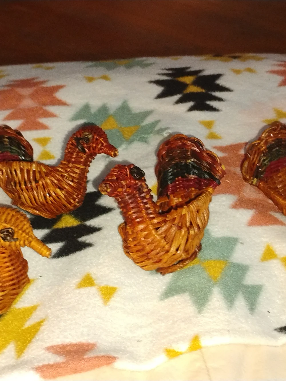 Set Of 4 Handwoven Brown Rattan Bird Toy with Colorful Tail Accent